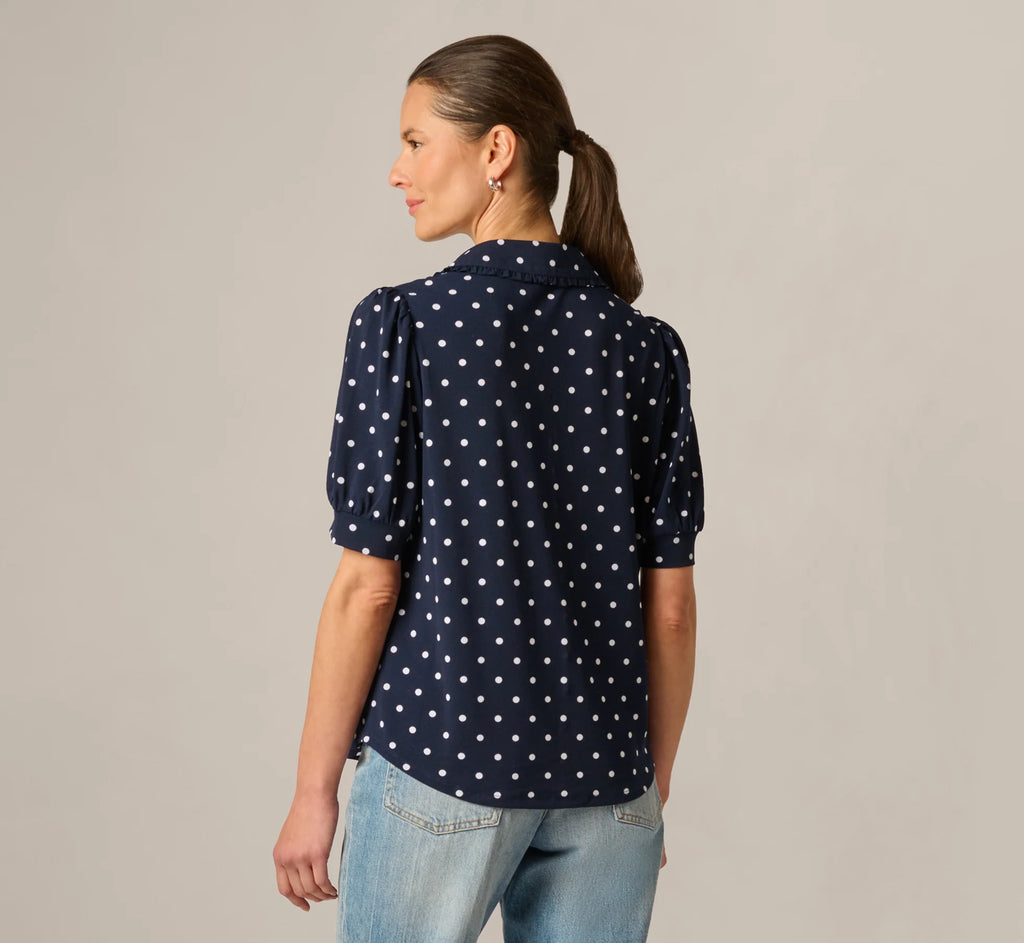 Puff Sleeve Ruffle Collared Top In Navy Ivory Timeless Dot