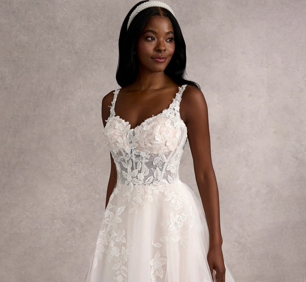 Hand Beaded 3D Floral Lace And Tulle A-Line Gown In Ivory Almond Nude