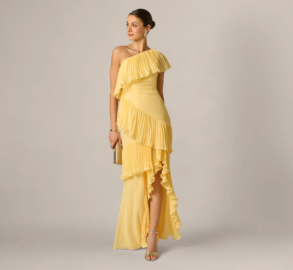 One Shoulder Pleated Flounce High Low Gown In Butter Yellow