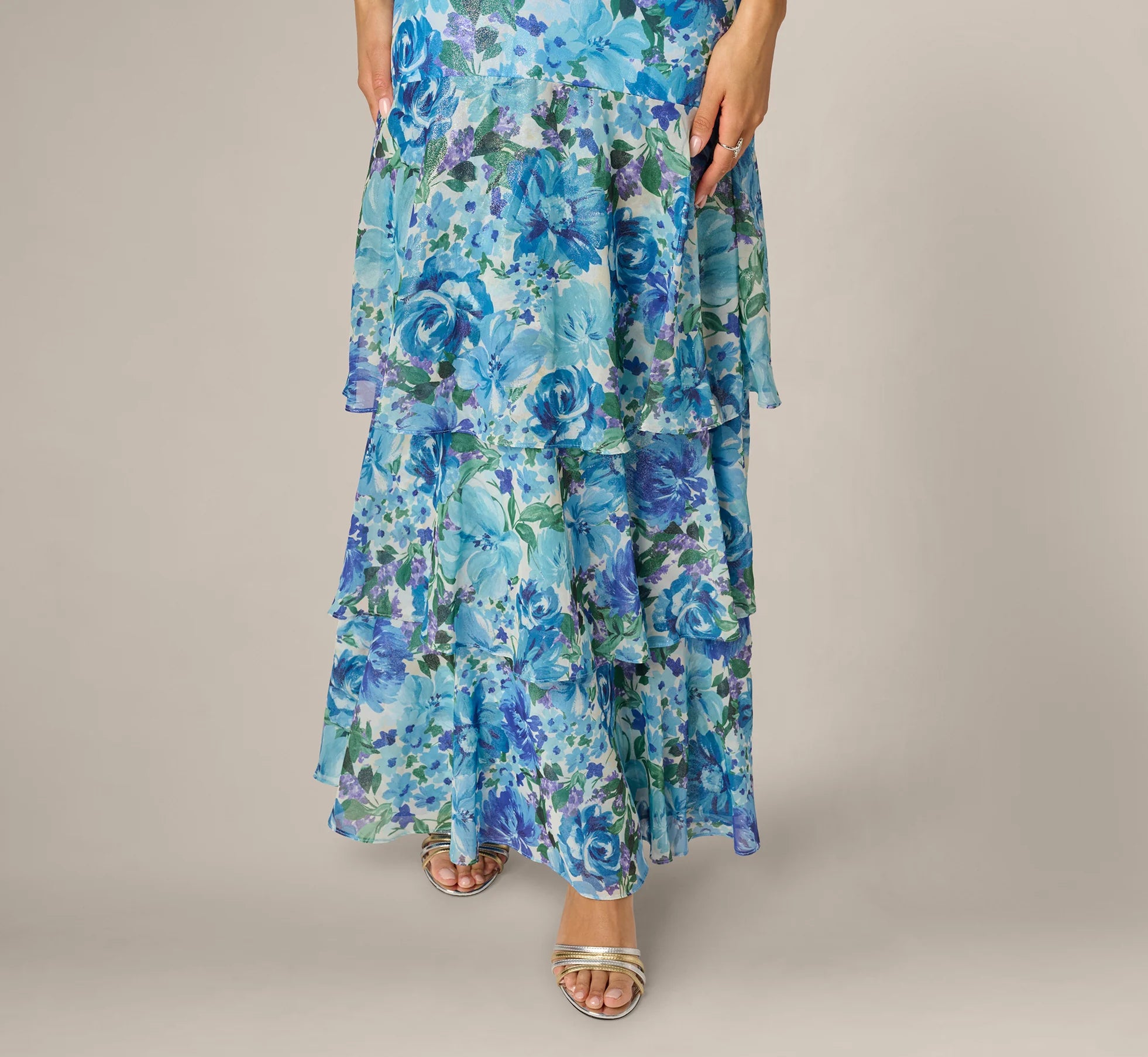 Tiered Metallic Floral Chiffon Halter Gown In Blue Multi