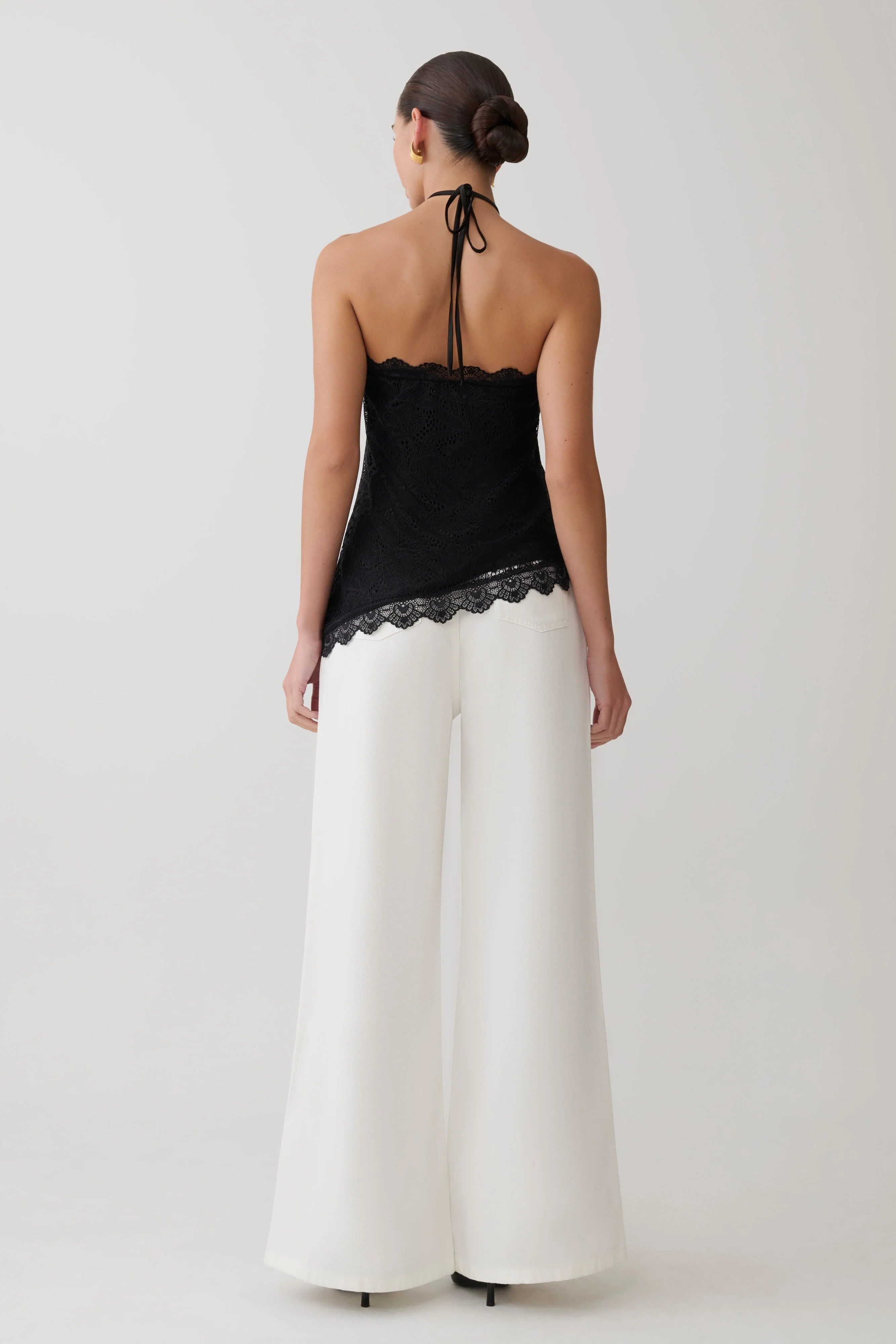 Theodosia Asymmetric Lace Halter Top - Black
