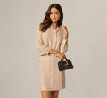 Waffle Knit Cardigan Sweater With Frayed Edges In Champagne Blush
