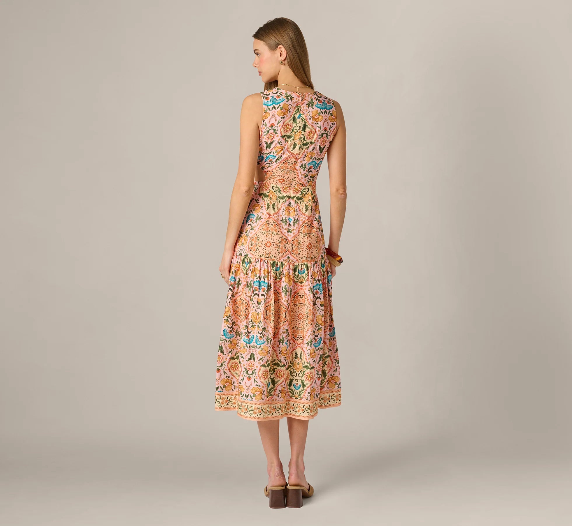 Floral Printed Cutout Drop Waist Midi Dress In Peach Multi