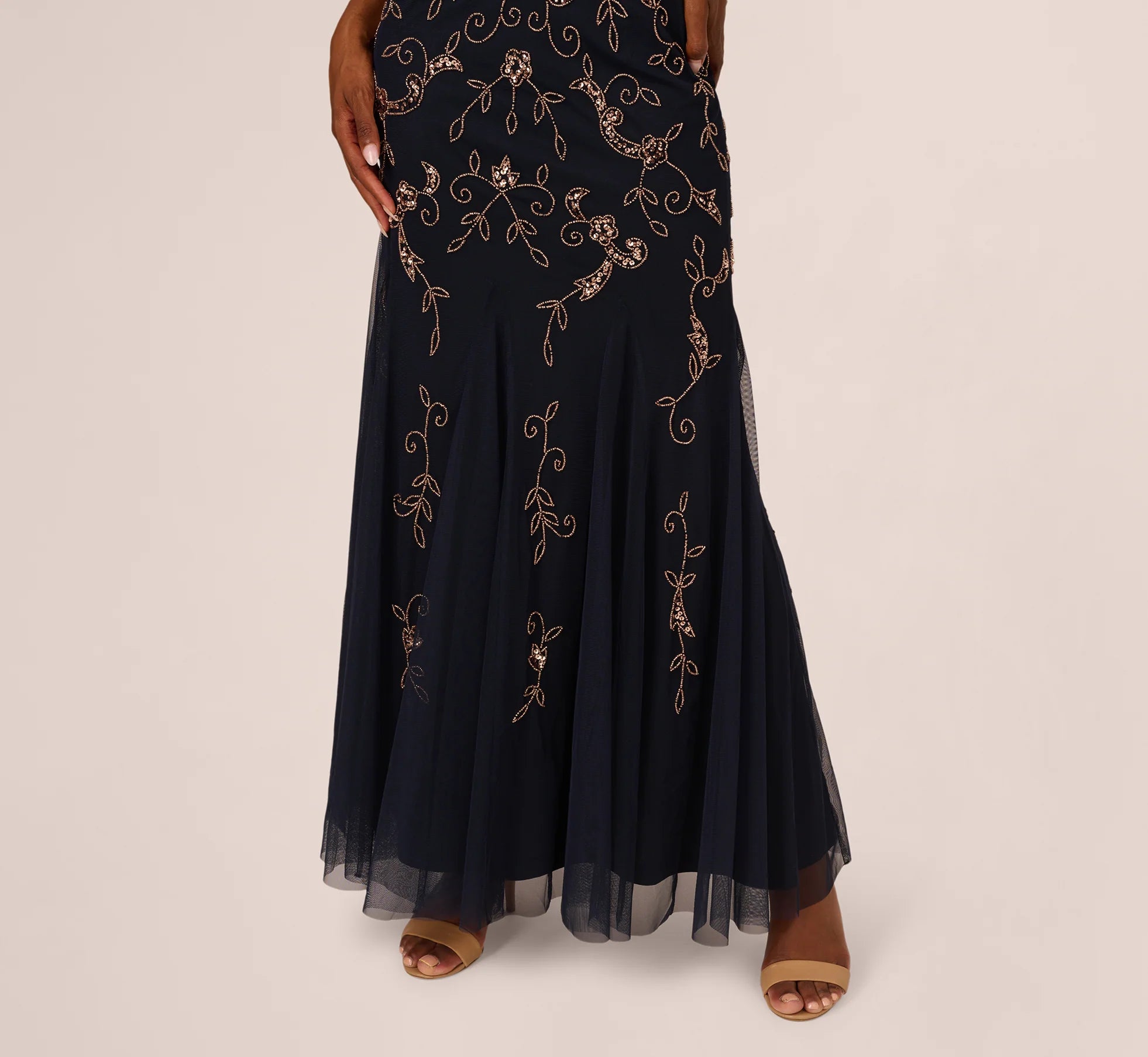 Floral Beaded Godet Gown With Sheer Neck And Short Sleeves In Navy Rosegold