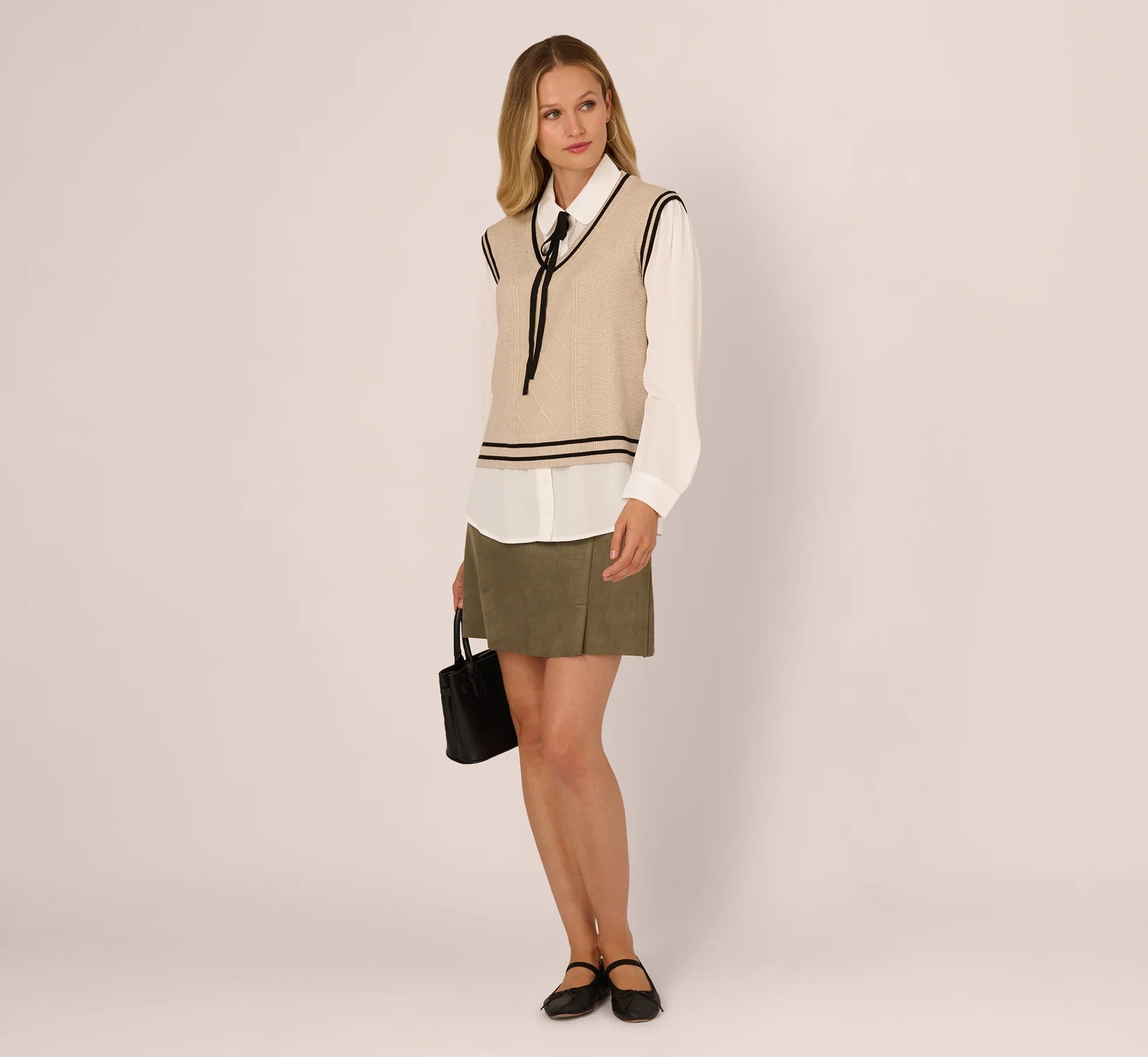 Long Sleeve Tie Neck Sweater Vest Twofer Top In Neutral Black