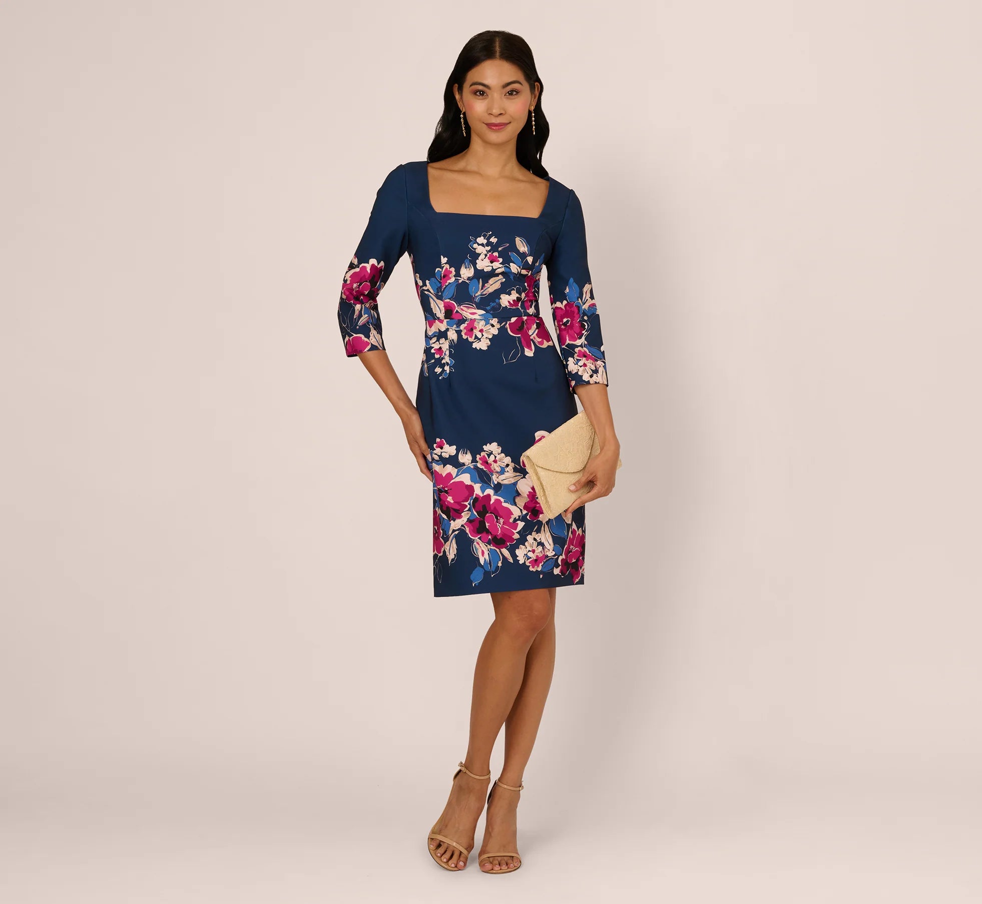Three Quarter Sleeve Floral Sheath Dress In Navy Pink Multi