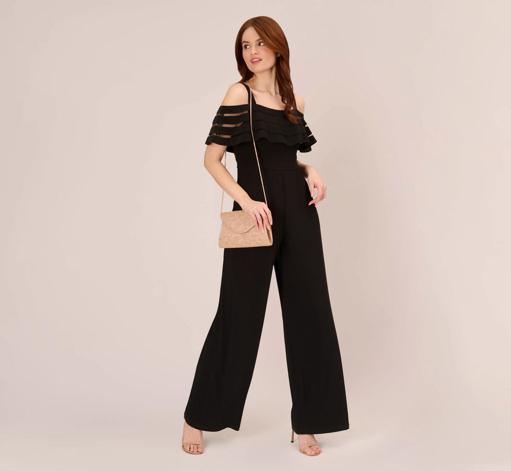 Jersey Banded Ruffled Jumpsuit With Cold Shoulder In Black