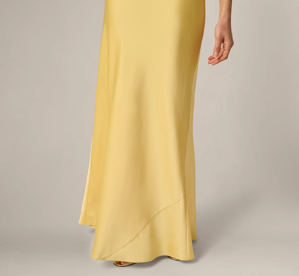 Stretch Satin Flounce Rosette Slip Gown In Butter Yellow