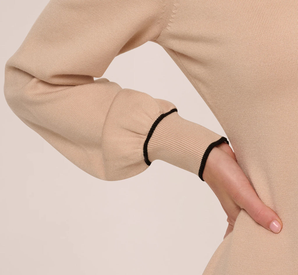 Long Sleeve Collared Twofer Sweater Dress In Champagne Blush Black