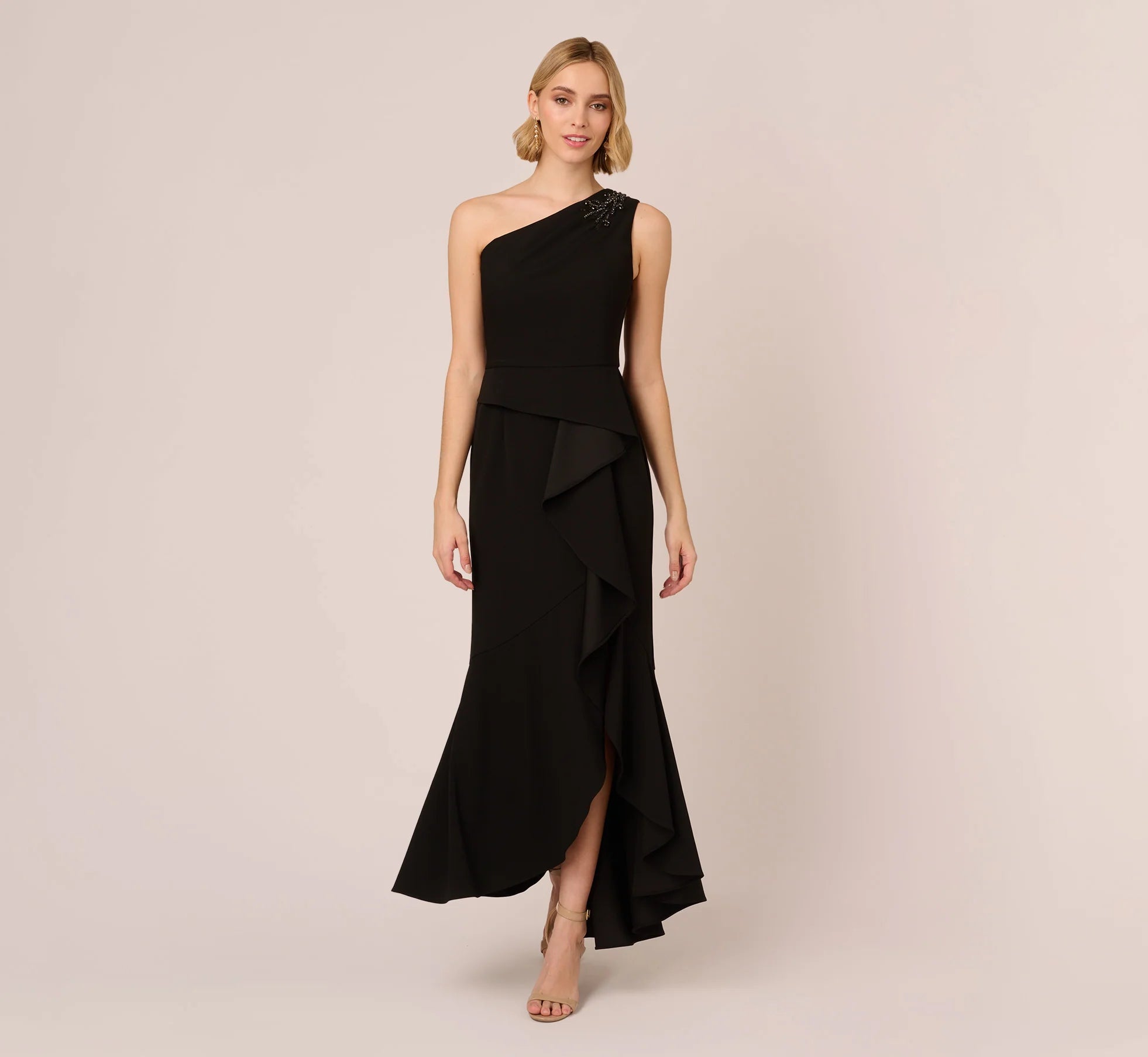 One Shoulder Ruffled Crepe Gown With Beaded Accent In Black