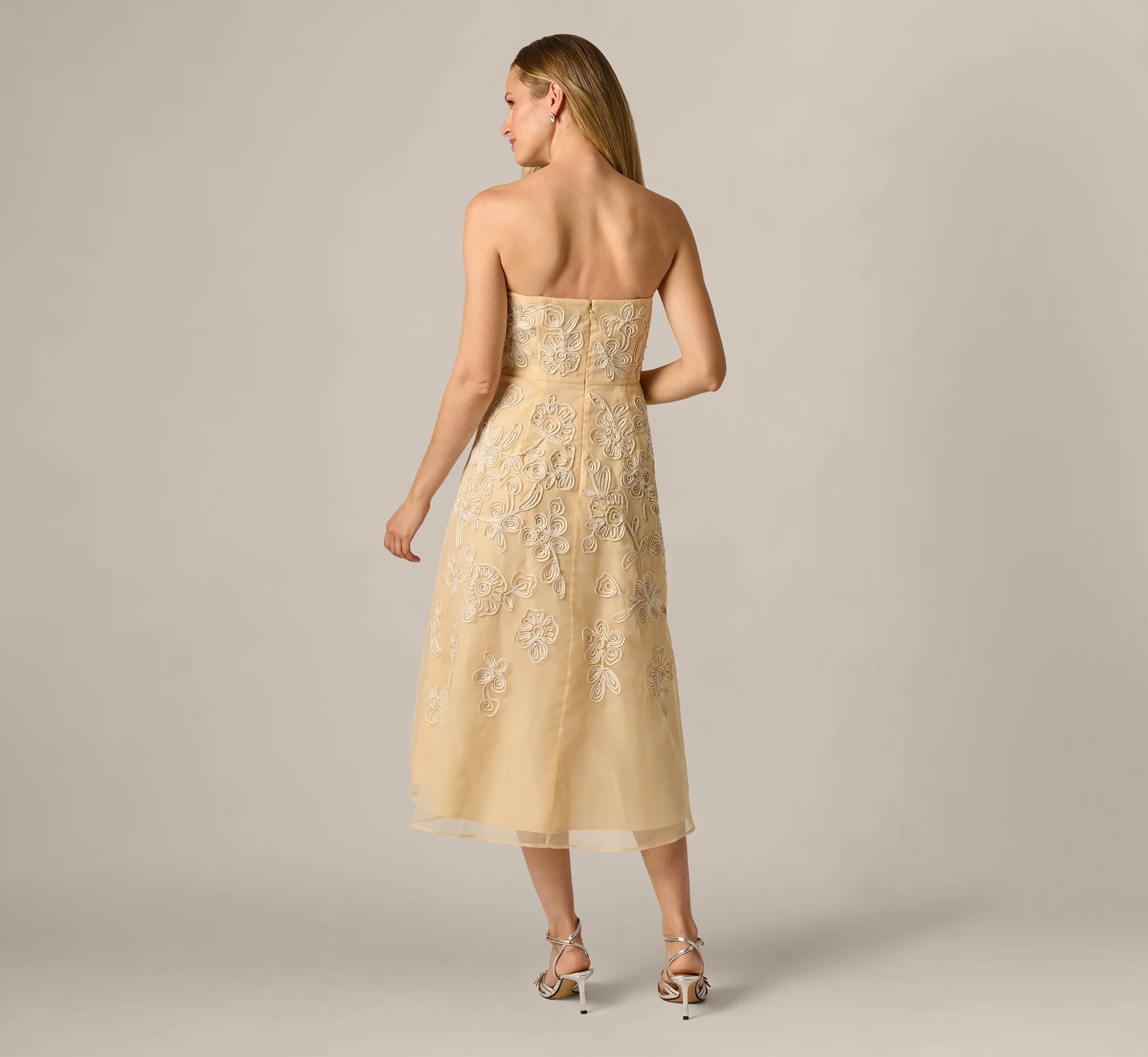 Strapless Floral Embroidered Organza Midi Dress In Maize