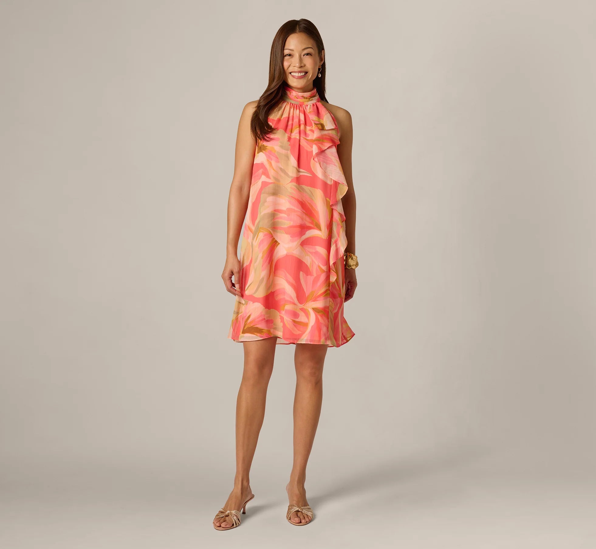Draped Petal Floral Short Trapeze Dress In Coral Multi