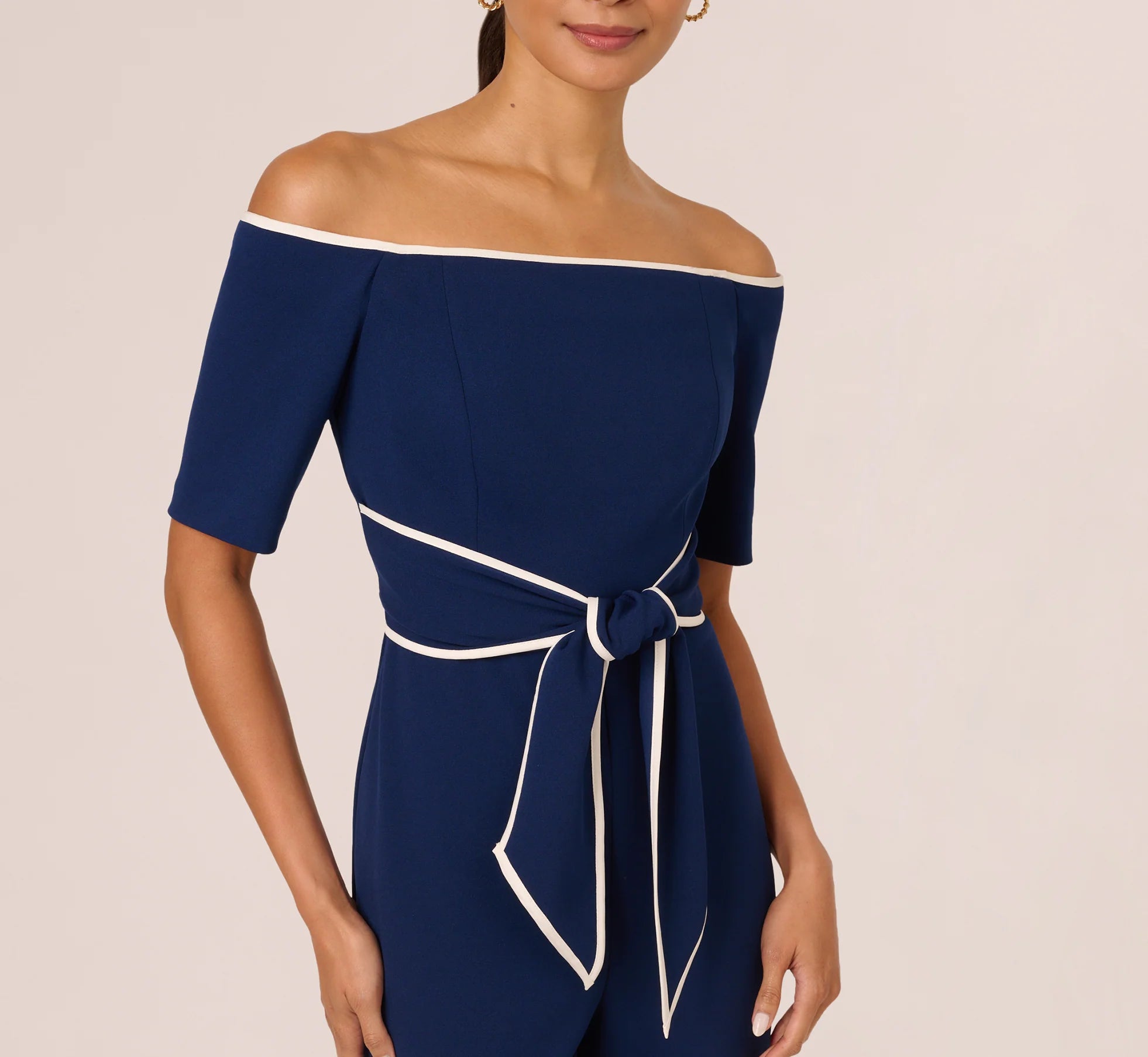 Knit Crepe Off-The-Shoulder Jumpsuit In Navy Sateen Ivory