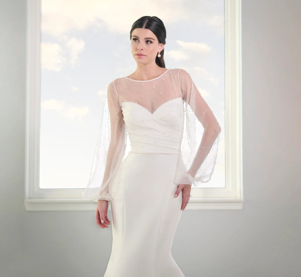 Stretch Mikado Gown With Studded Pearl Jacket In Ivory