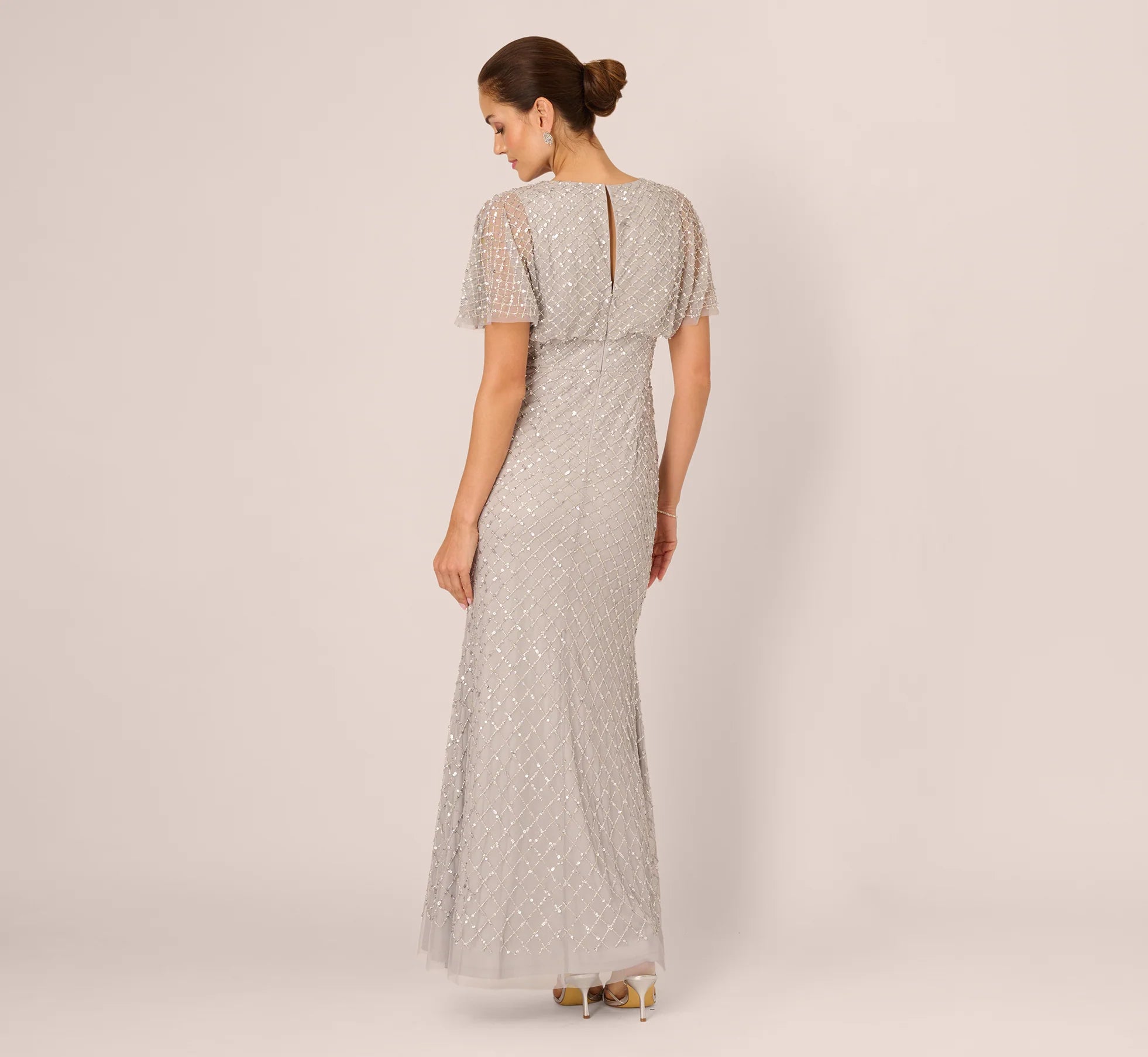 Short Sleeve Diamond Beaded Cowl Gown In Crystal Silver