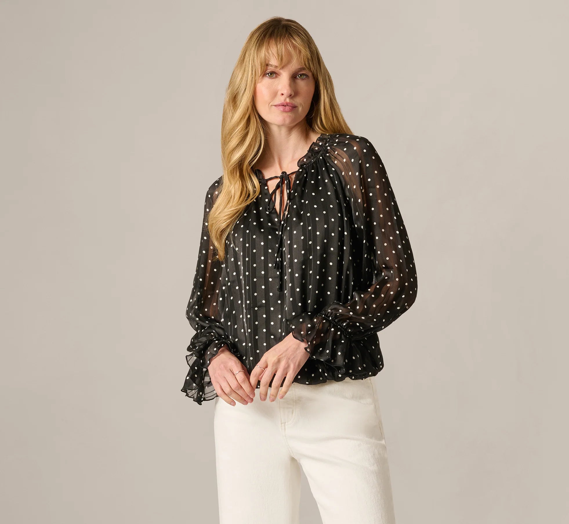 Long Sleeve Chiffon Ruffle Blouse In Black Cream Dot