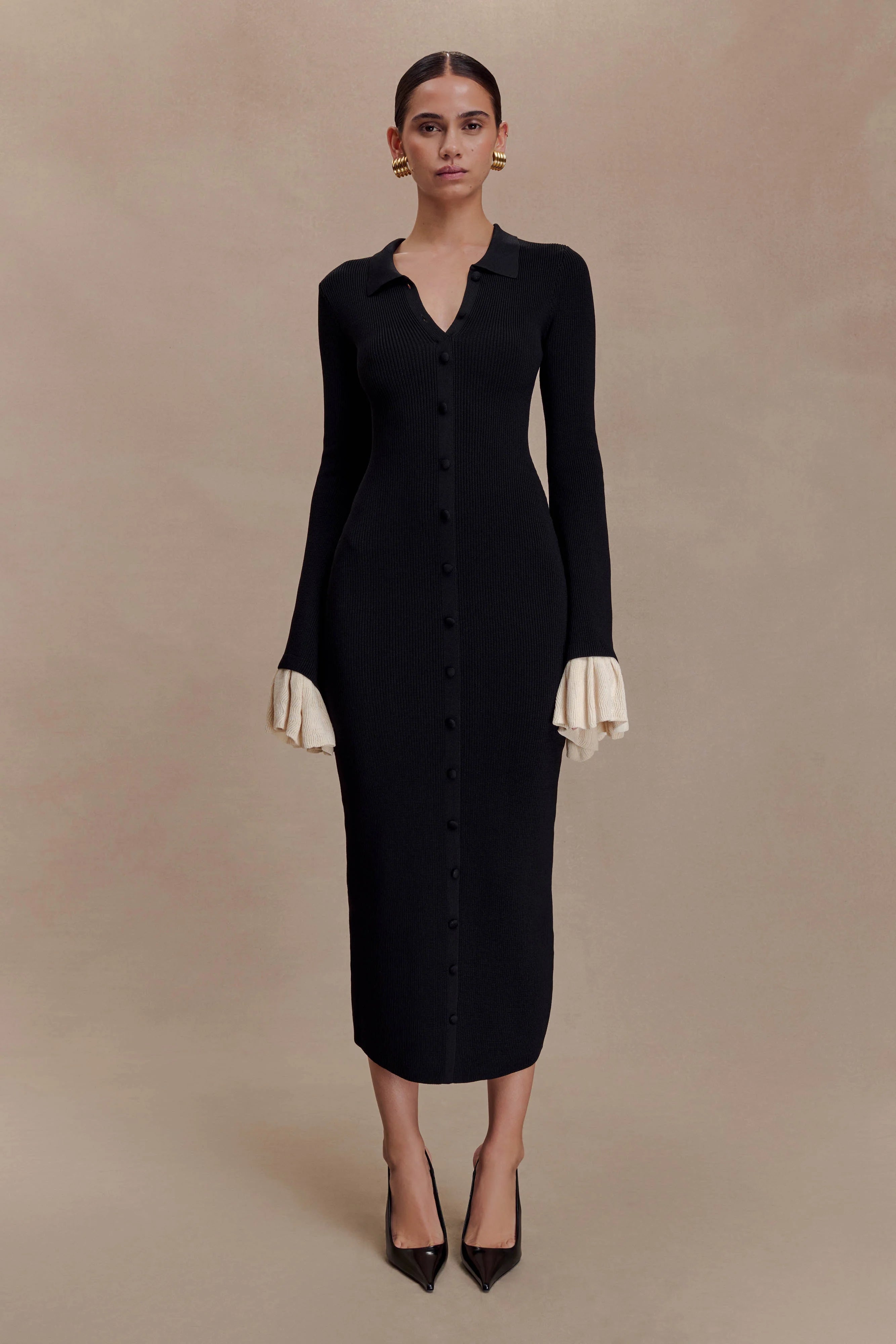 Amirose Ruffle Knit Midi Dress - Black