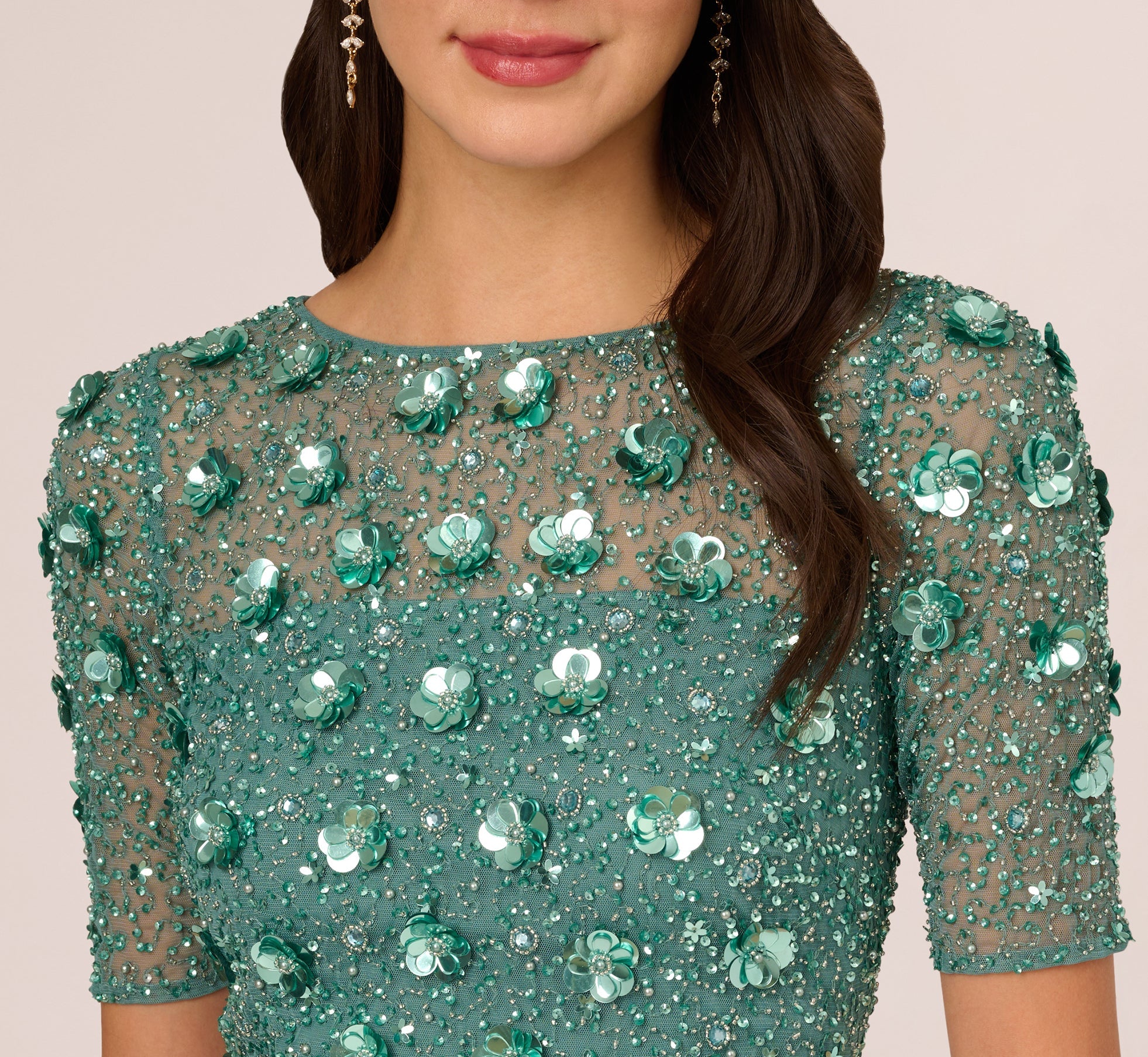 Long Hand Beaded 3D Floral Dress With Elbow Sleeves In Green Slate