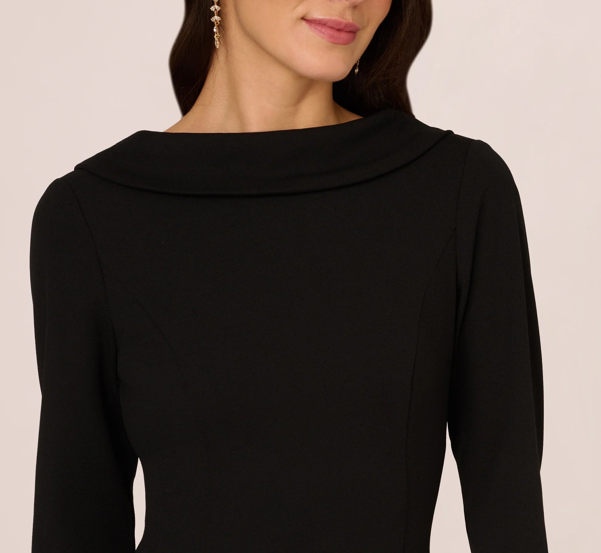 Three Quarter Sleeve Crepe Midi Dress With Rolled Neck In Black