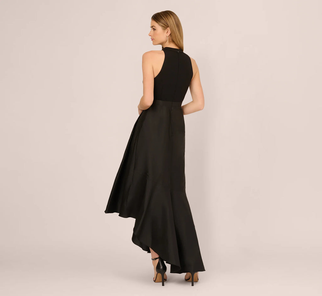 Sleeveless Asymmetrical Draped Taffeta Combo Gown In Black