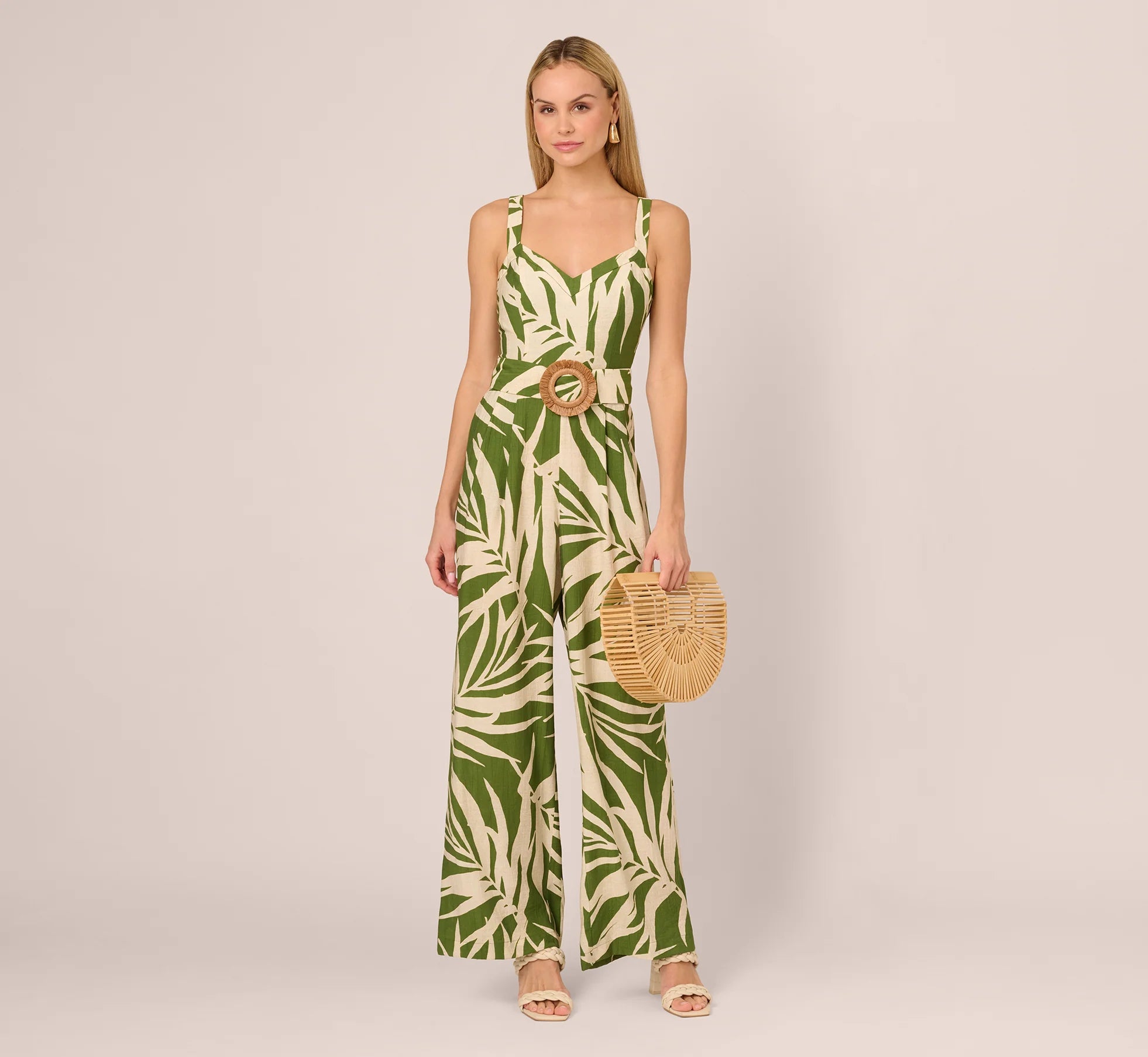 Sleeveless Palm Leaf Wide Leg Jumpsuit In Green Ivory