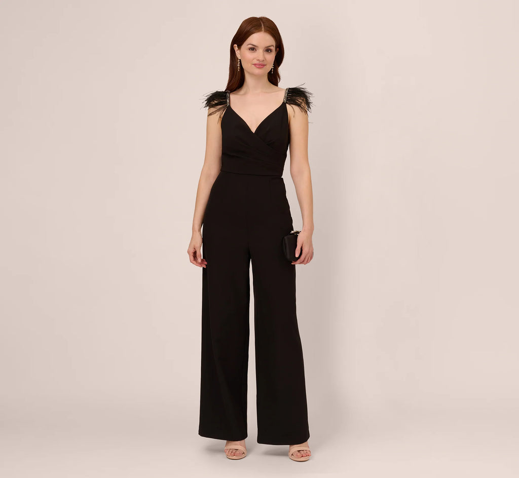 Crepe Wide Leg Jumpsuit With Bead And Feather Accents In Black