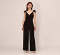 Crepe Wide Leg Jumpsuit With Bead And Feather Accents In Black