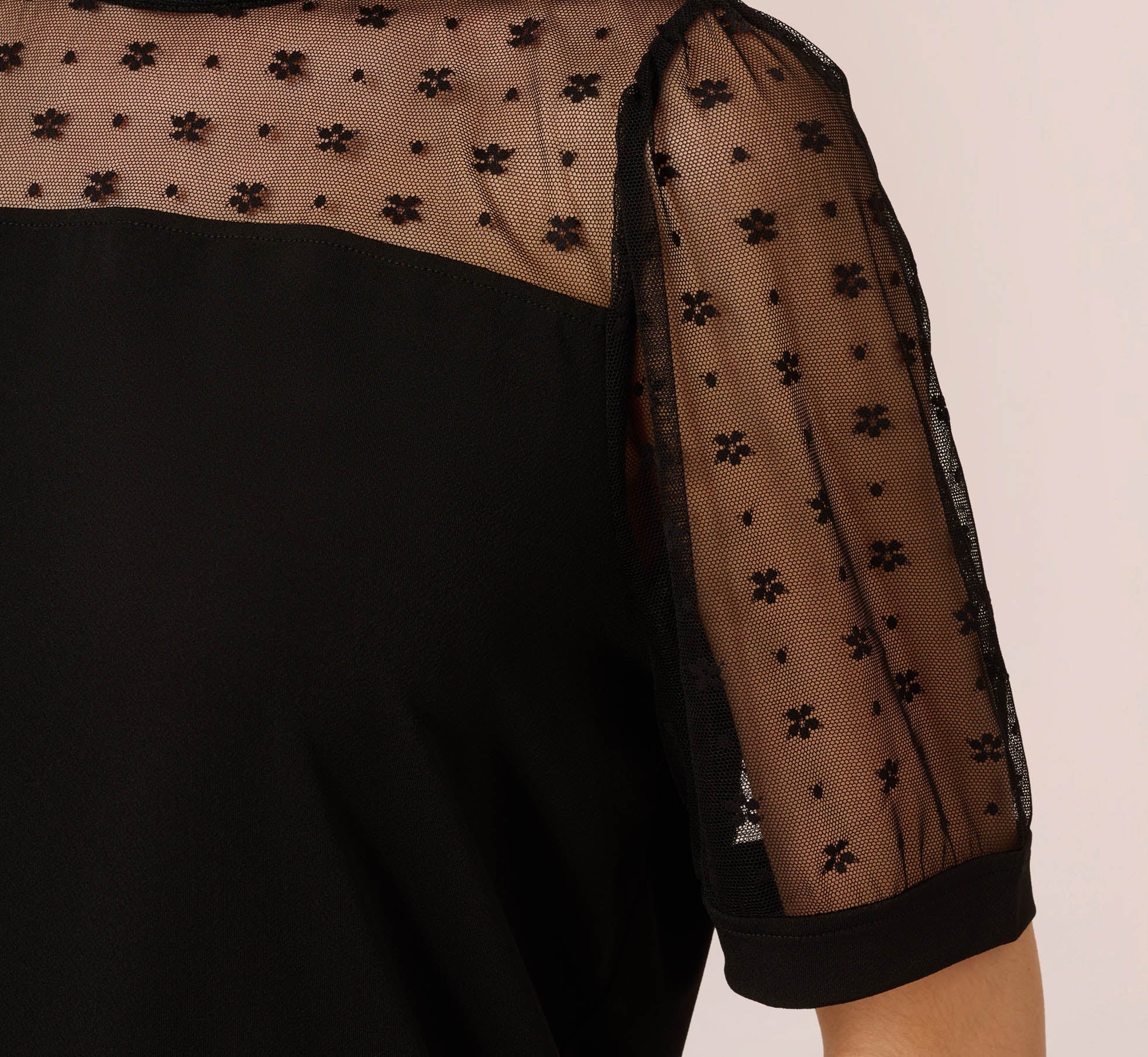 Ruffle Neck Top With Floral Mesh Short Sleeves In Black