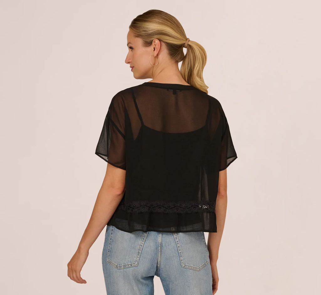 Short Sleeve Pintuck Lace Top In Black