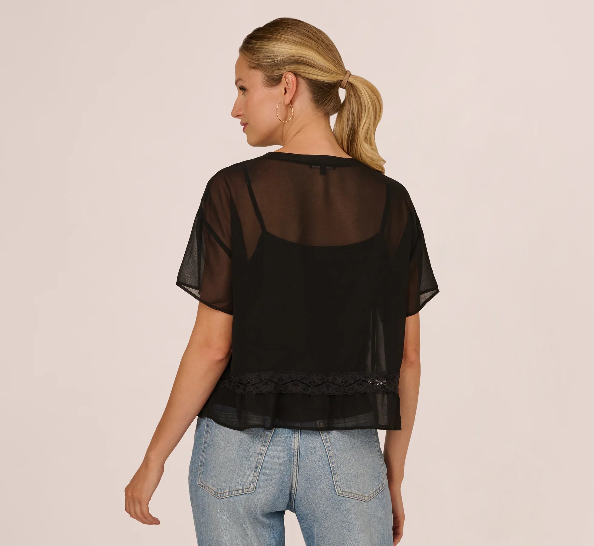 Short Sleeve Pintuck Lace Top In Black