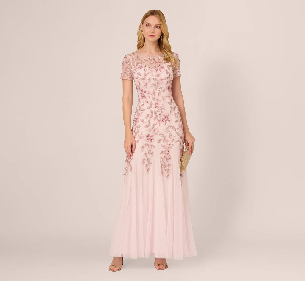 Hand Beaded Short Sleeve Floral Godet Gown In Blush Pink