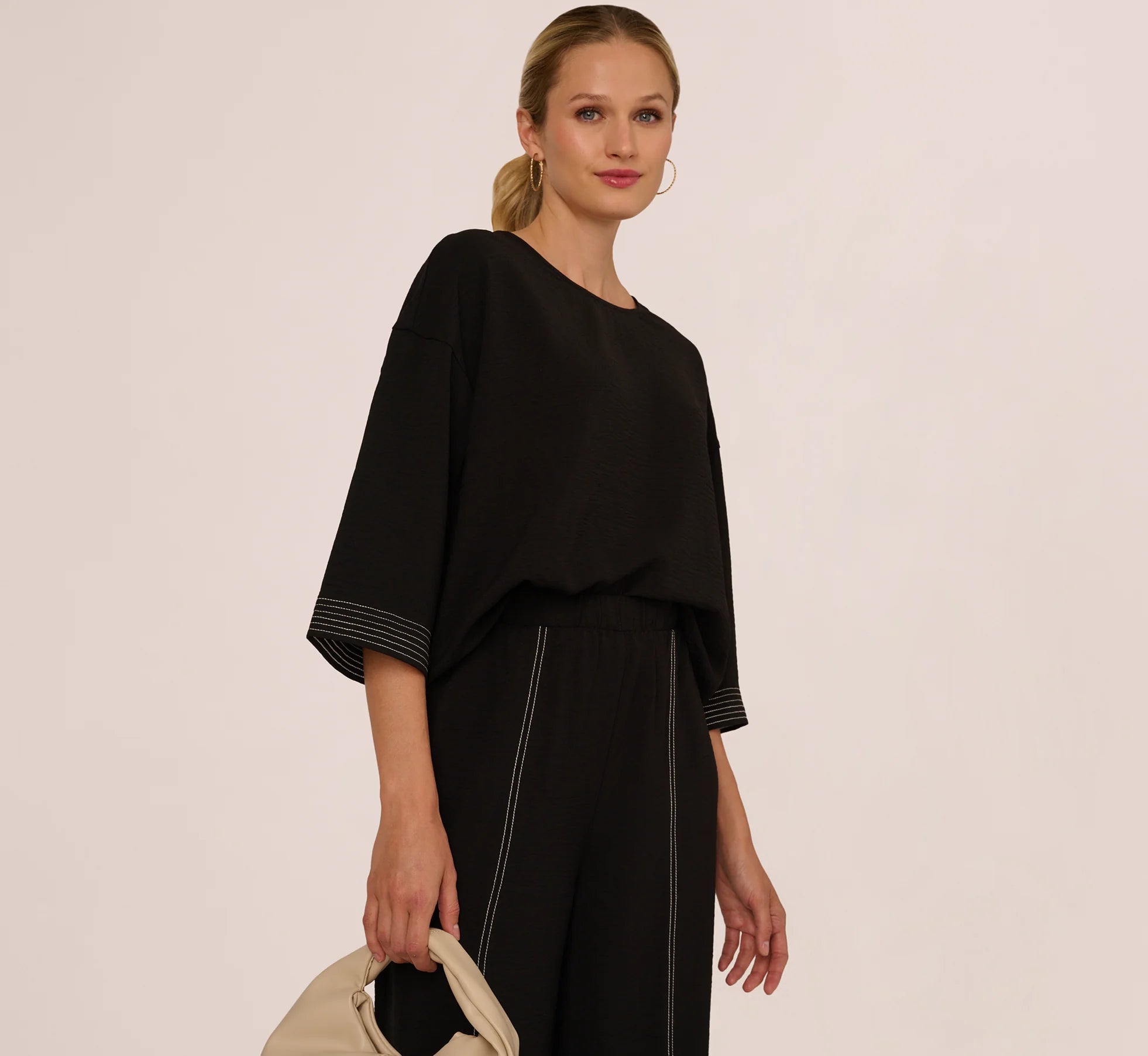 Three Quarter Sleeve Drop Shoulder Tie Waist Top In Black Ivory