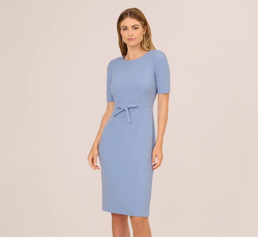 Short Sleeve Bow Waist Sheath Dress In French Blue