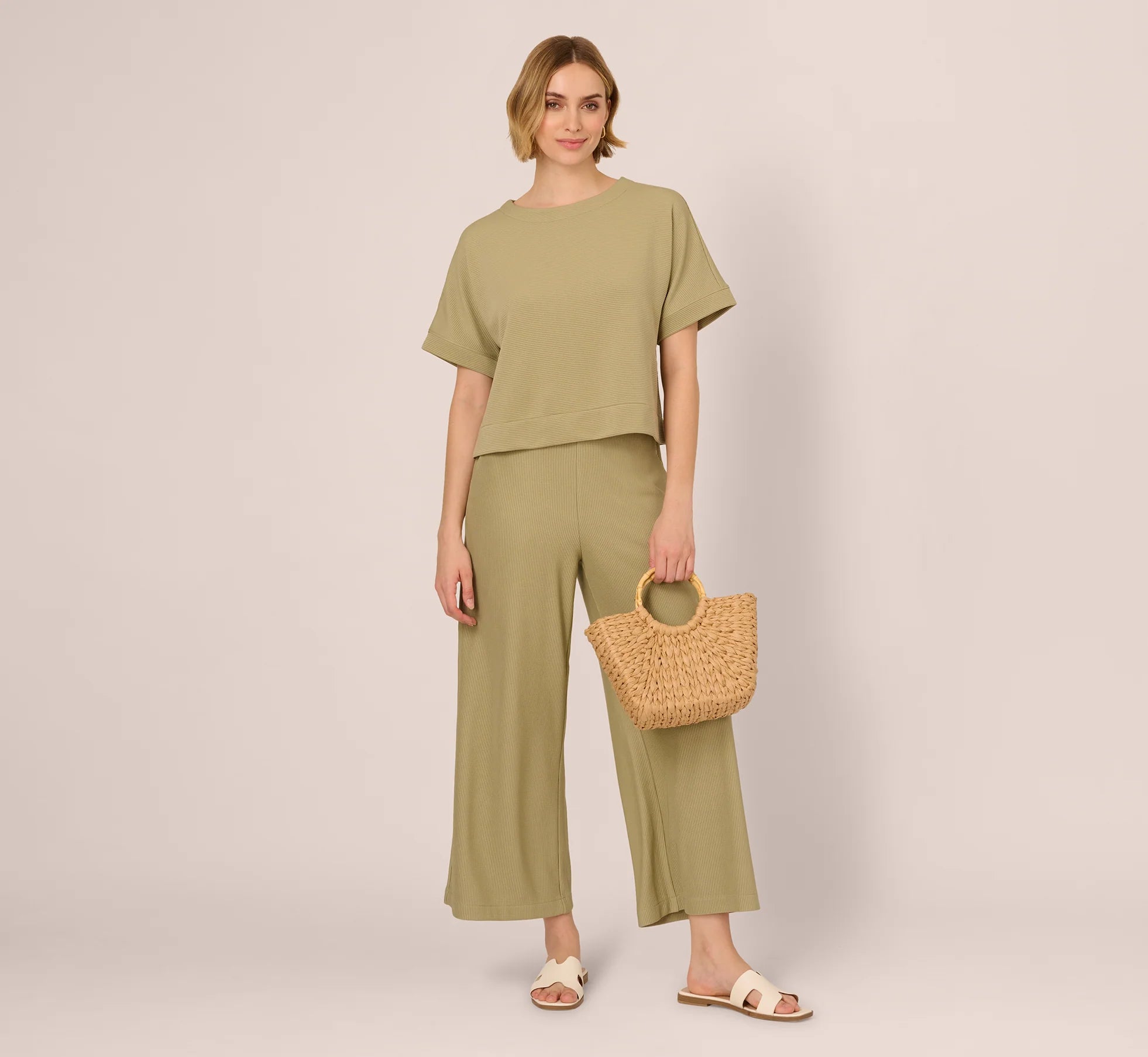 Wide Leg Rib Knit Pants In Dusty Sage Green