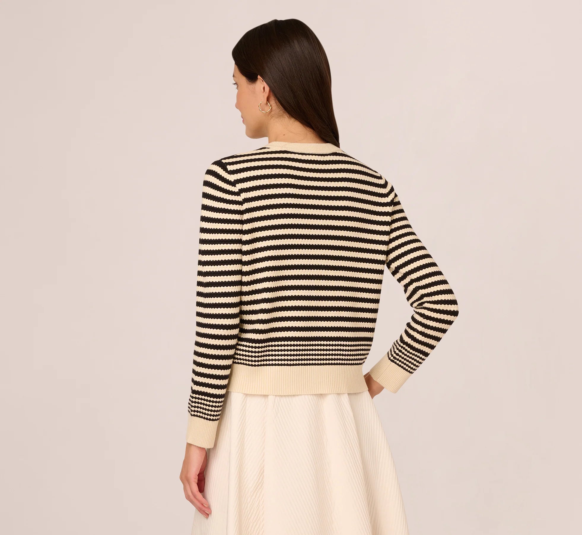 Crew Neck Button Front Striped Pointelle Cardigan Sweater In Cream Black