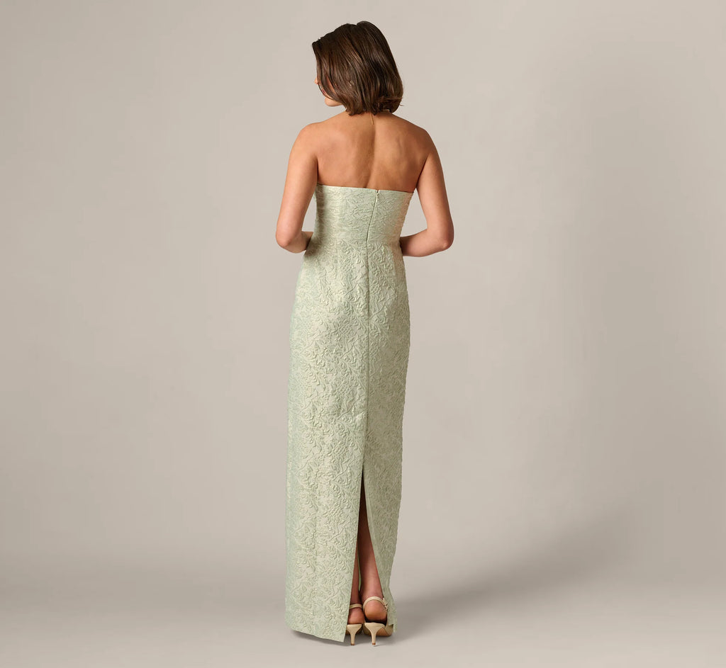 Strapless Metallic Jacquard Column Gown In Mint Glaze