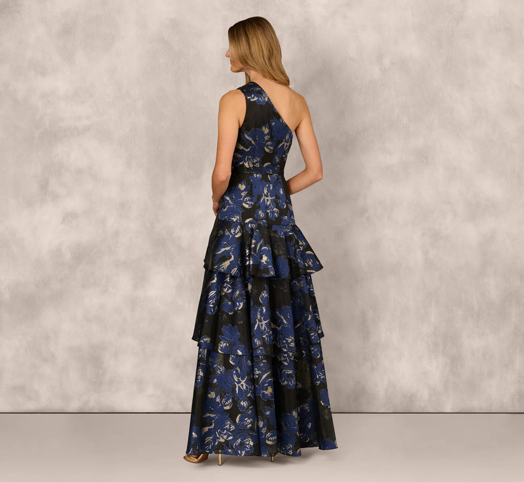 One Shoulder Floral Jacquard Flounce Ballgown In Navy Multi