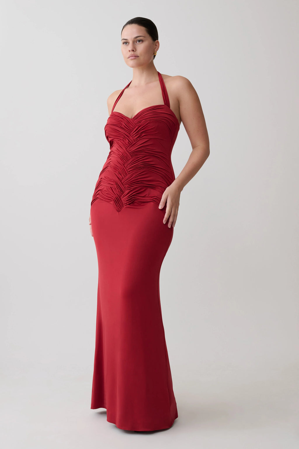Hoai Gathered Slinky Halter Maxi Dress - Deep Red