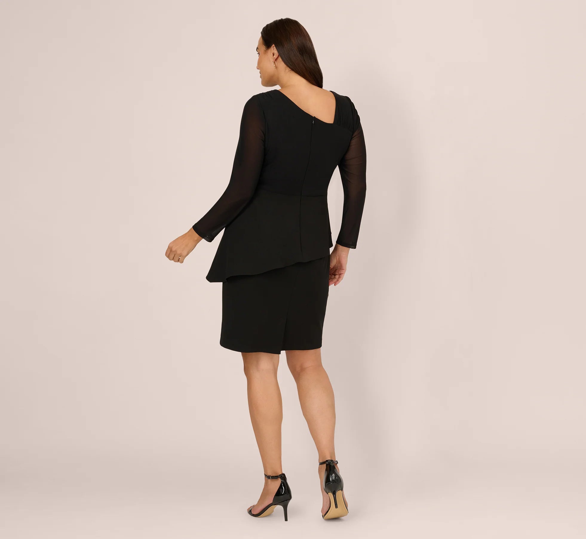 Plus Size Long Sleeve Asymmetrical Peplum Sheath Dress In Black