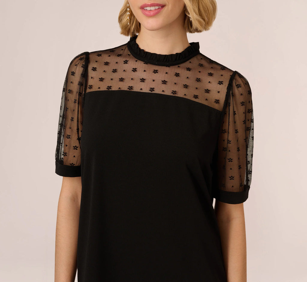 Ruffle Neck Top With Floral Mesh Short Sleeves In Black