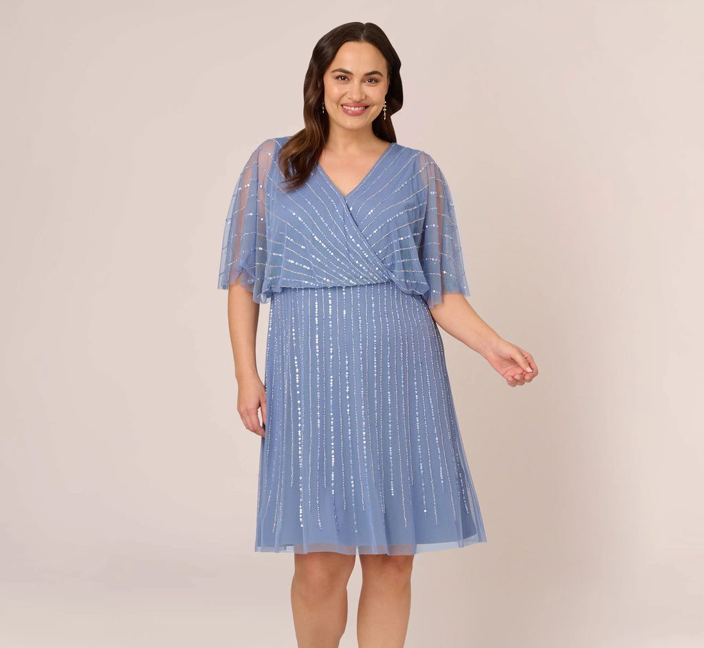 Plus Size Hand Beaded Illusion Faux Wrap Short Cocktail Dress In French Blue